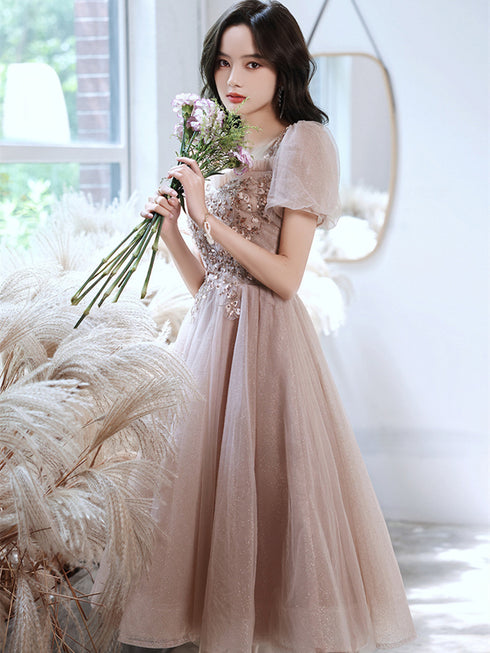 Pink Tulle Short Sleeves Beaded Knee Length Party Dress, Pink Tulle Homecoming Dress